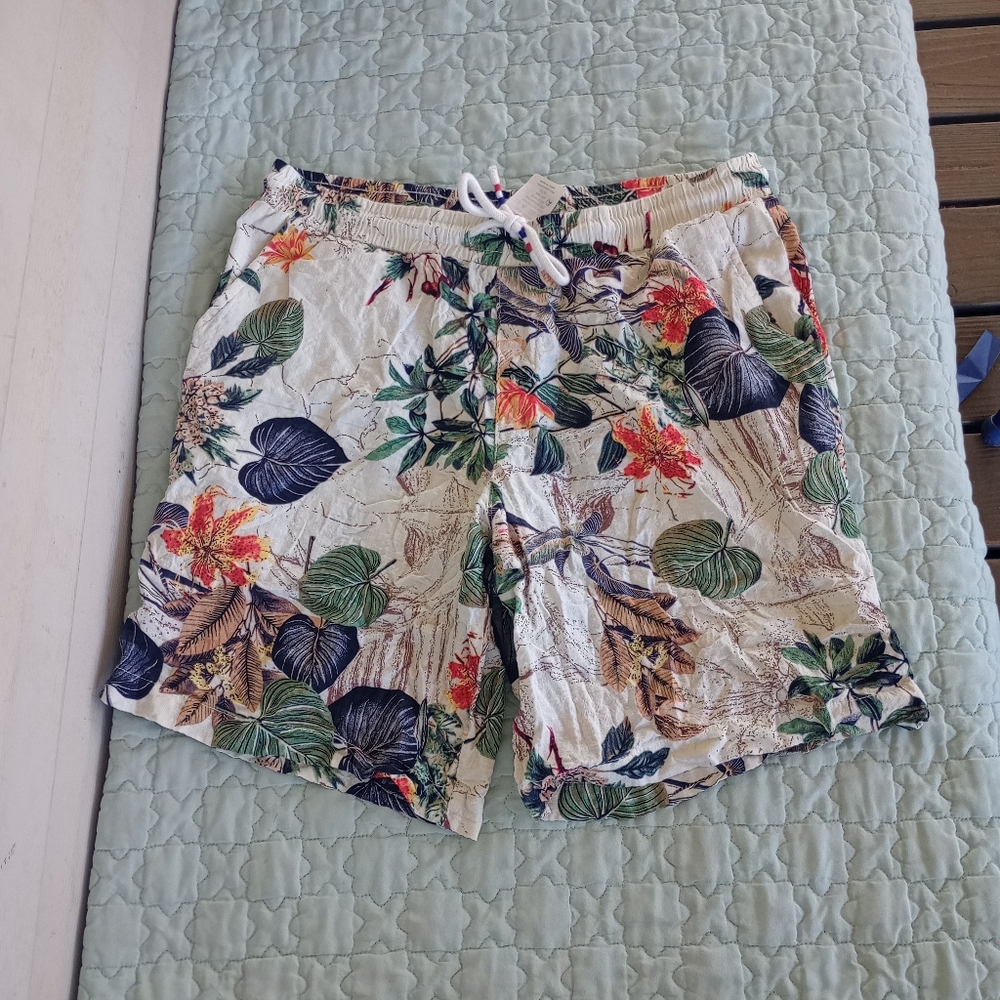 JOGAL Men's Flower Flat Front Casual Aloha Hawaiian Shorts Sz L
